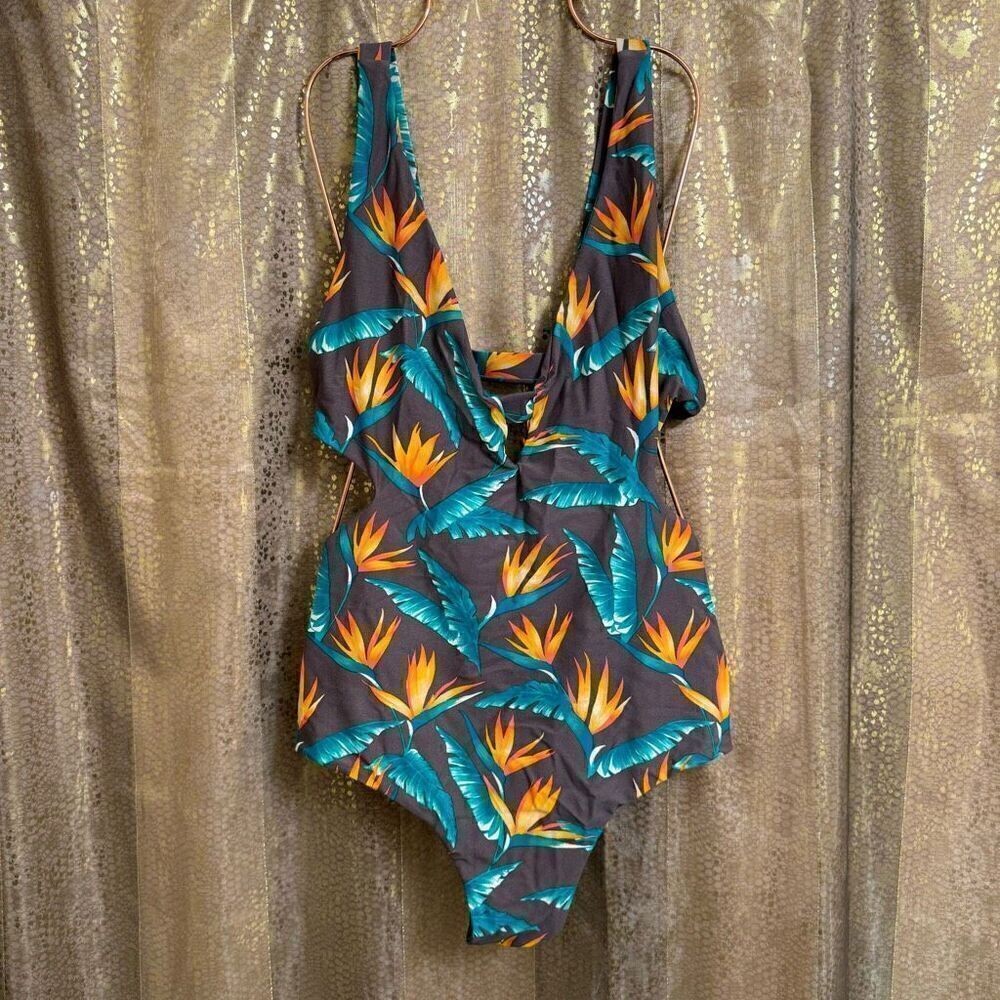 Tori Praver Tropical Gray Bird Of Paradise Cutout Back One Piece Swimsuit XL